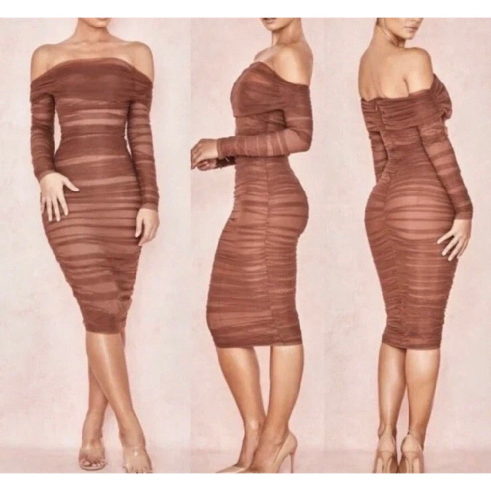 House of CB Anais Tulle Mesh Off Shoulder Ruched Dress Chestnut Nude XS